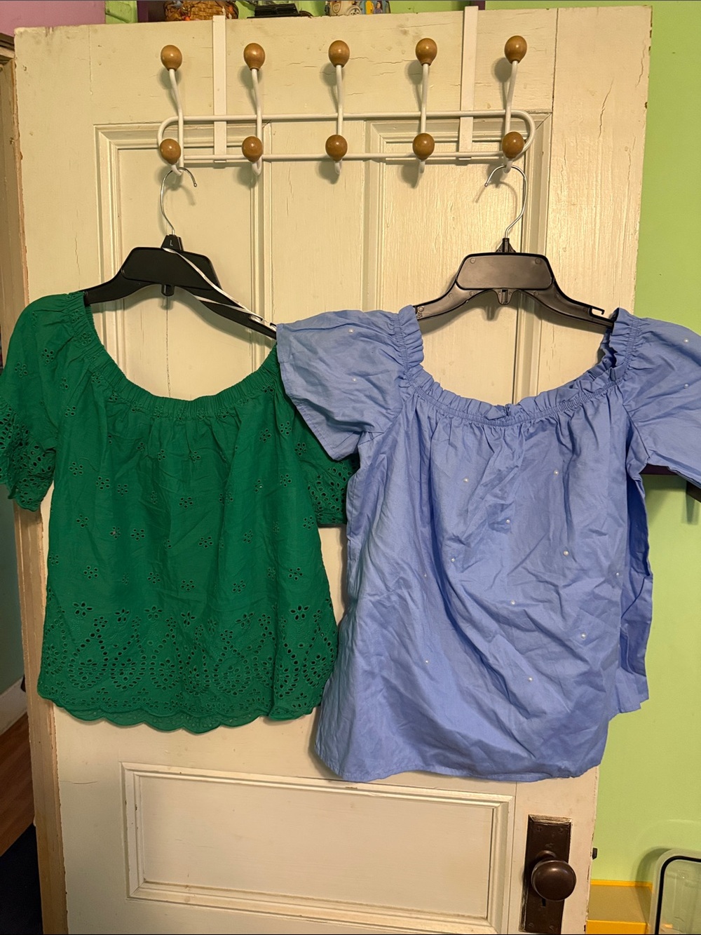 Roommates Green Eyelet Off-Shoulder Top & Blue Puff-Sleeve Blouse